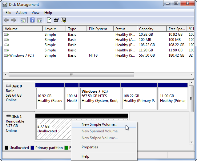 Windows Disk Management New Simple Volume