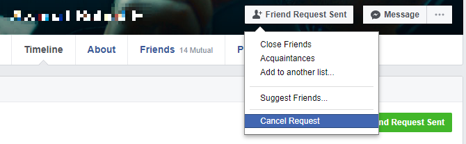 Facebook Friend Request Sent menu