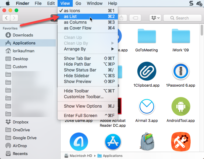 Show Applications folder as a list in Finder