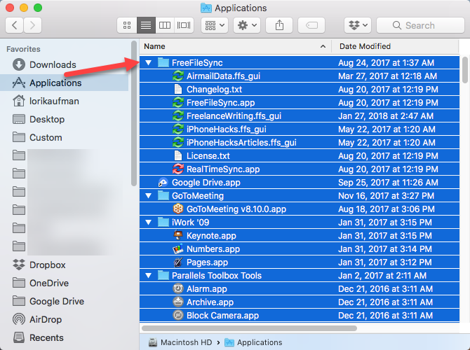 Select all apps and copy in Finder