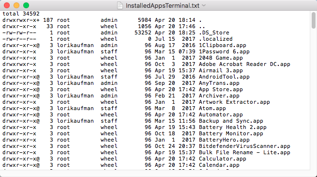 Installed apps list from Applications folder using Terminal