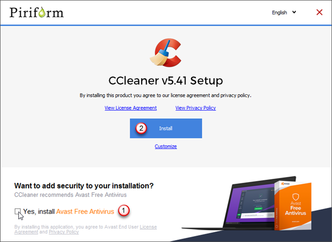 Turn off option to install Avast in CCleaner installer