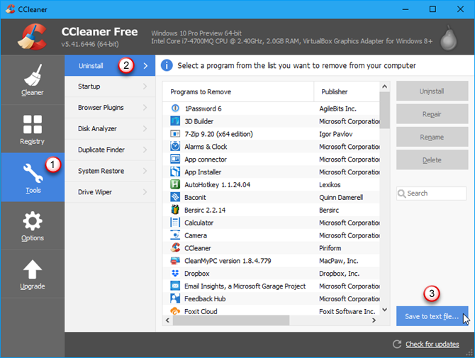 Click Save to text file in CCleaner