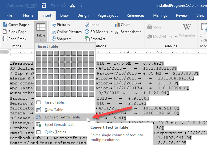 Select Convert Text to Table in Word