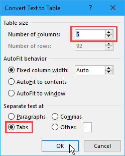 Convert Text to Table dialog box in Word