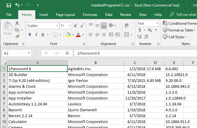 Installed programs list from CCleaner in Excel