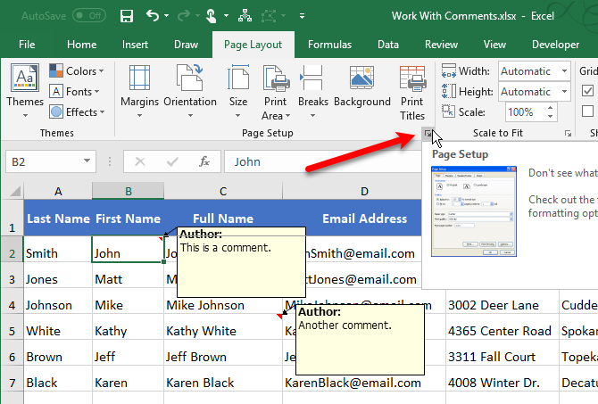 Click the Page Setup button in Excel