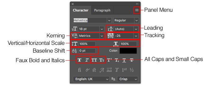 working with text in photoshop - photoshop character panel