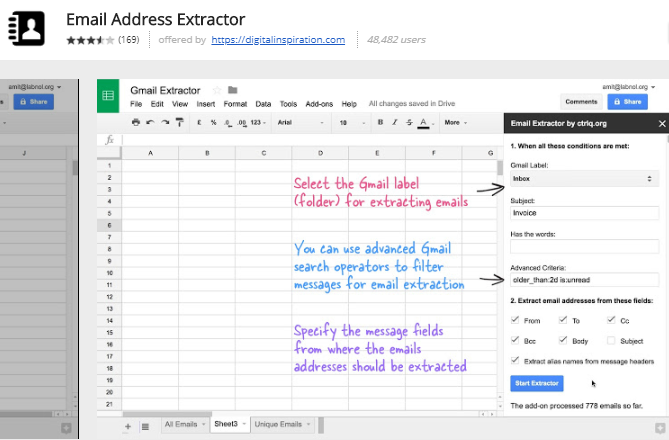 google sheets add-ons - Email address extractor
