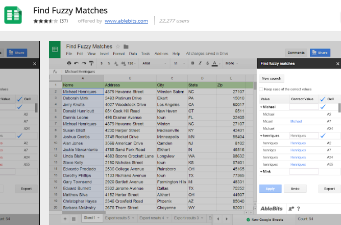 google sheets add ons - Find fuzzy matches
