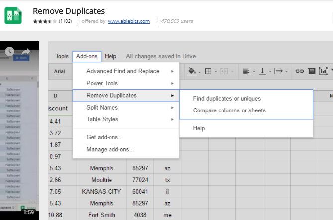 google sheets add-ons - Remove Duplicates 