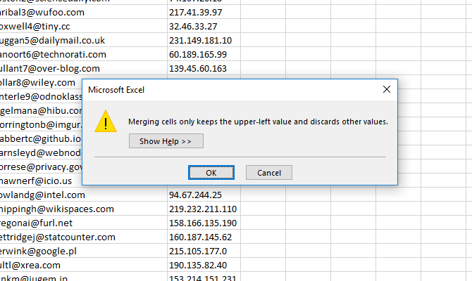 how to merge cells in excel - Excel merge cells warning