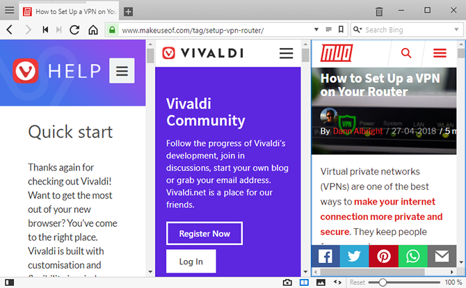 Vivaldi Browser tips - use split view with tab tiling