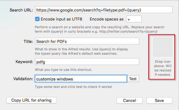 Alfred custom search for Google pdfs