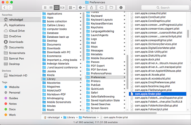 preference file location of the Finder app