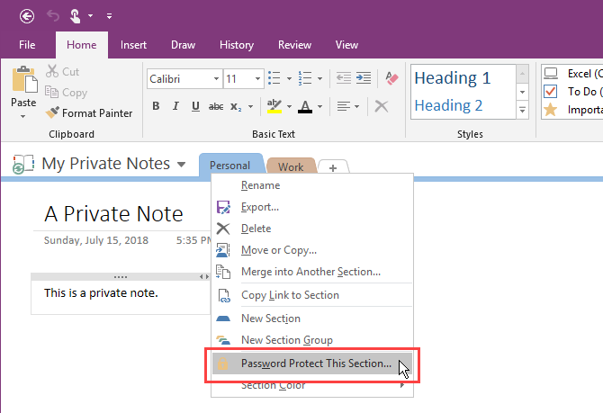 Select Password Protect This Section in OneNote 2016