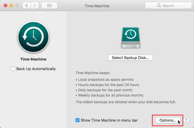 Click Options in Time Machine