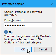 Protected Section dialog box in OneNote 2016