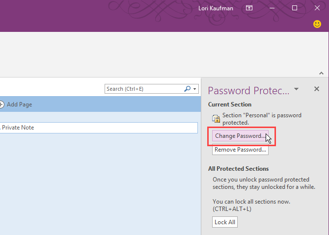 Click Change Password in OneNote 2016