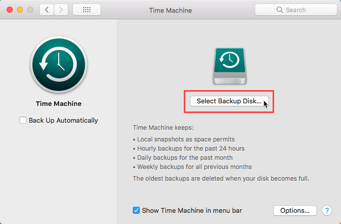 Click Select Backup Disk in Time Machine