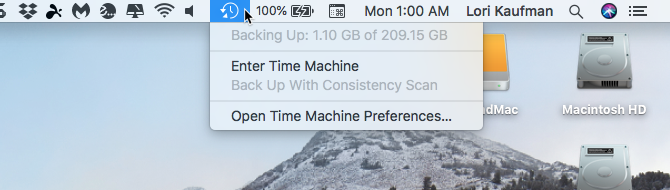 Backup progress on Time Machine menu