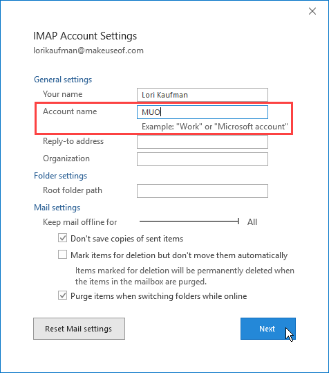 Change an account name in Outlook