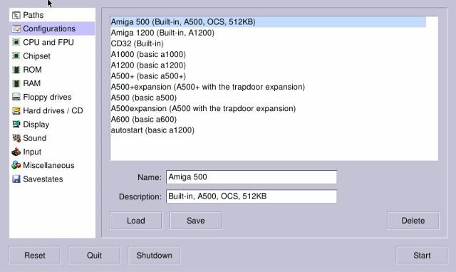Select a configuration for your Amiga emulation