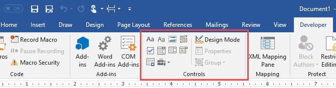 Control section on the Developer tab in Microsoft Word