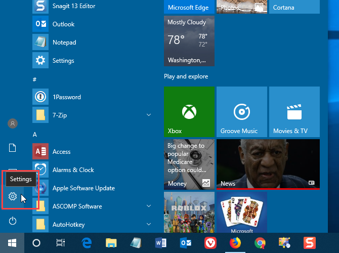 Open PC Settings from the Start menu in Windows 10