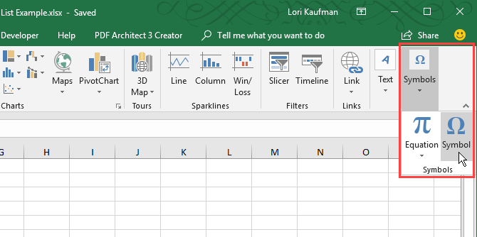 Click Symbols on the Insert tab in Excel