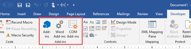 Add-ins section on the Developer tab in Microsoft Word