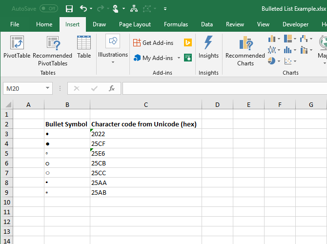 Bullet symbols and character codes in hex in Excel