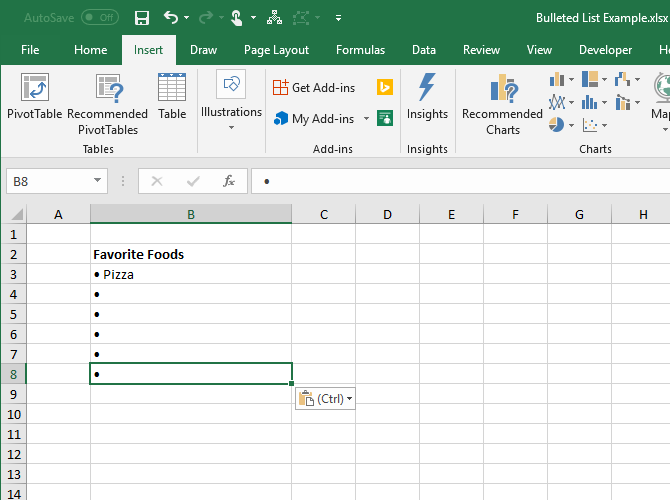 Copy and paste a bullet to other cells in Excel