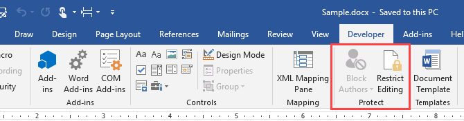 Protect section on the Developer tab in Microsoft Word