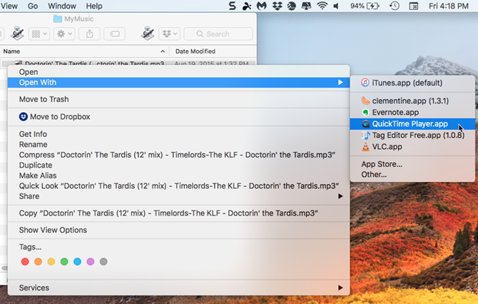 Open an audio file using QuickTime on Mac
