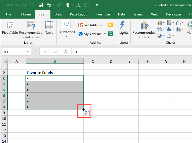 Use AutoFill in Excel to copy and paste bullets