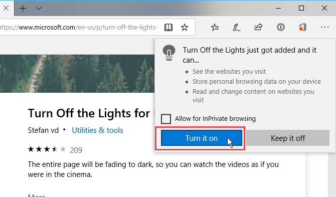 Turn on the Turn Off the Lights extension in Edge