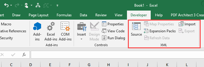 XML section on the Developer tab in Microsoft Excel