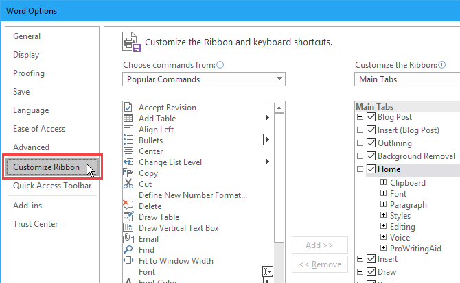 Go to File > Options, then click Customize Ribbon in Microsoft Word