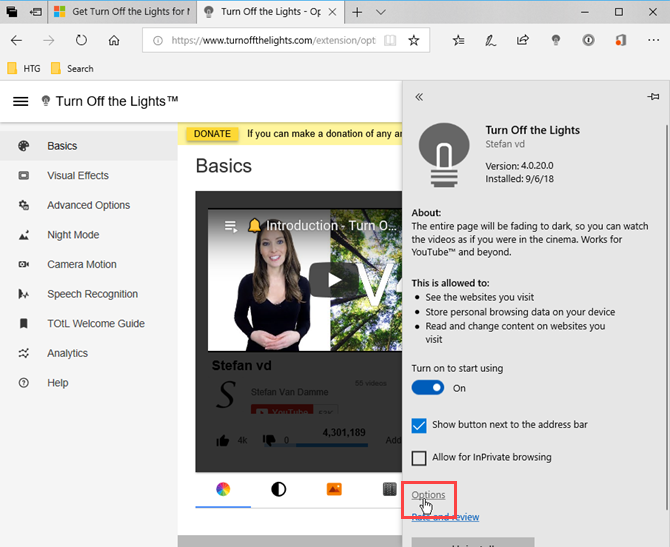 Open Options for the Turn Off the Lights extension in Edge