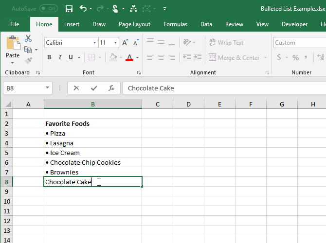 Add text after bullets in cells in Excel