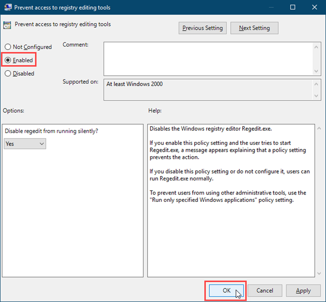 Enable the Prevent access to registry editing tools setting in the Local Group Policy Editor
