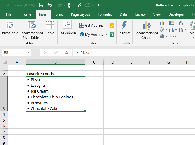 Create a bulleted list in a single cell in Excel