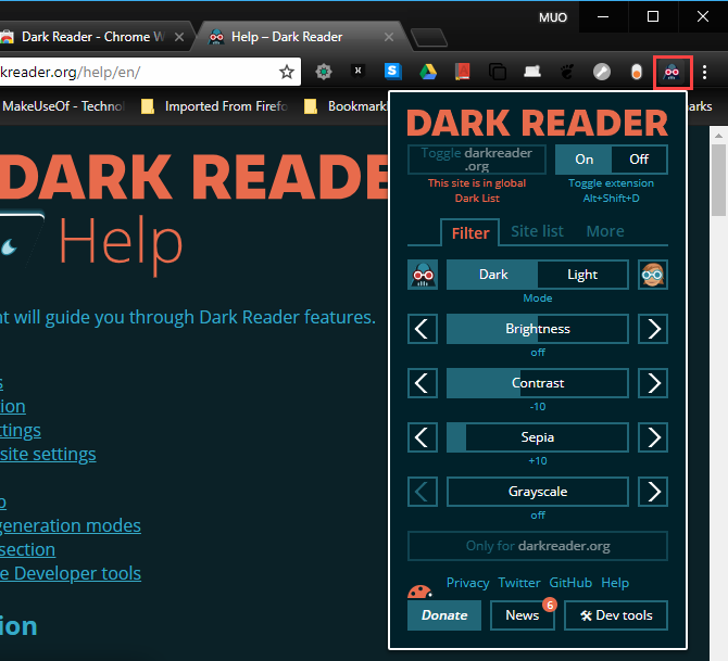 Dark Reader extension in Chorme