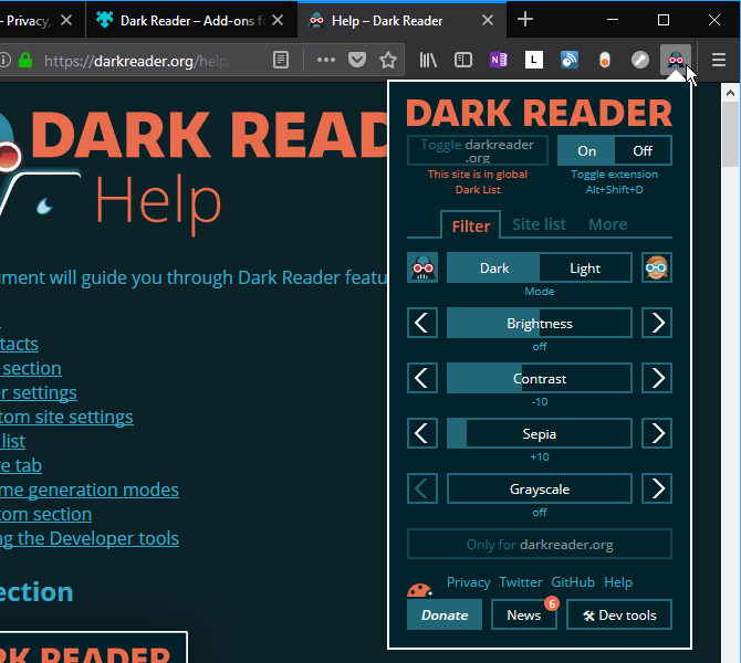 Dark Reader extension in Firefox