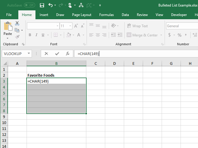 Enter the CHAR function for a bullet in a cell in Excel