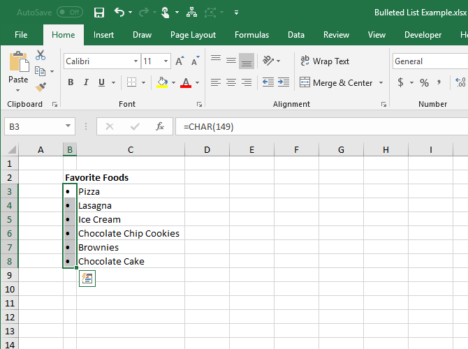 CHAR function entered into cells in Excel