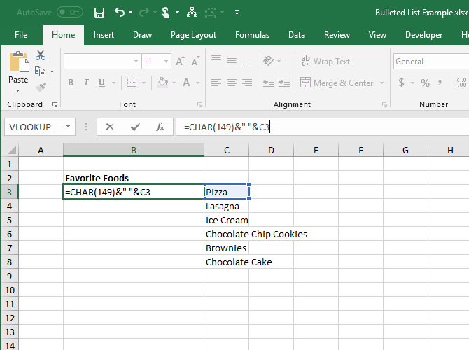 Create a bulleted list from items in another column in Excel