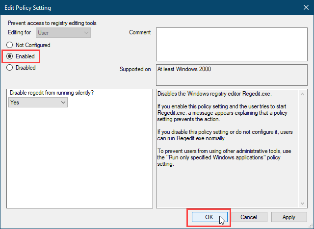 Enable the Prevent access to registry editing tools setting in Policy Plus
