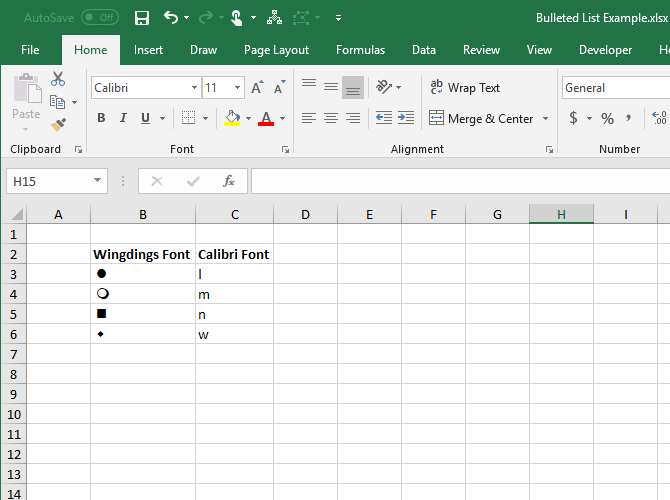 Letters in the Calibre font and the equivalent symbols in the Wingdings font in Excel